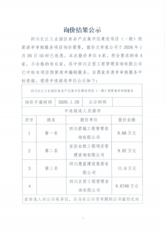 詢(xún)價(jià)結(jié)果公示